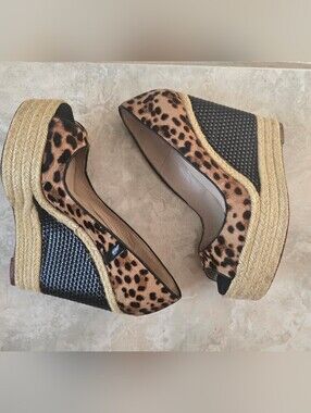 Brian Atwood Leopard Espadrille Wedge Pumps - Brown/Black - Size 38